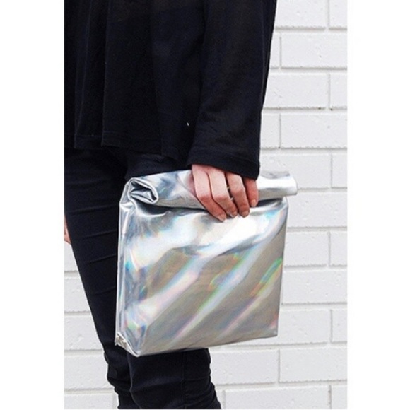 MINIMALIST FAUX LEATHER LEATHER PAPER BAG ROLL UP CLUTCH PURSE BAG - Picture 3 of 3